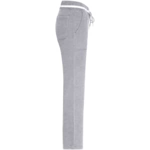 Ladies jog-pants in grey with a drawstring waistband and side pockets, featuring a branding logo.