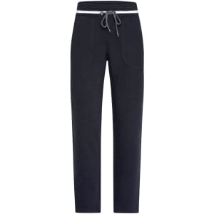 Navy jog-pants with a drawstring waistband and two front pockets, featuring a logo.