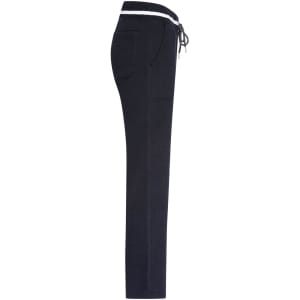 Ladies jog-pants in navy blue featuring a drawstring waist and side pockets, with a logo on the waistband.