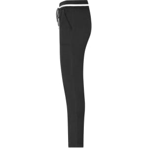 Black men's jog-pants featuring a slim fit and a drawstring waist. The pants have side pockets and a contrasting waistband.