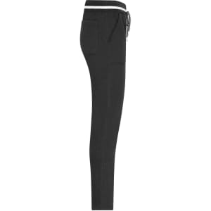 Black jog-pants featuring a fitted design, pockets, and an elastic waistband with a drawstring.