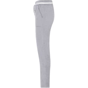 A pair of grey men's jog-pants with a drawstring waistband and logo detailing. Side view showcasing a slim fit.