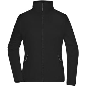 A black ladies fleece jacket with a zip front and side pockets, featuring a collar and a logo.