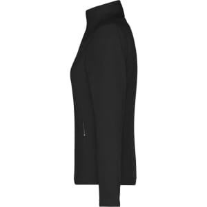 A black ladies fleece jacket with a high collar and zippered side pocket. Features a logo on the exterior.