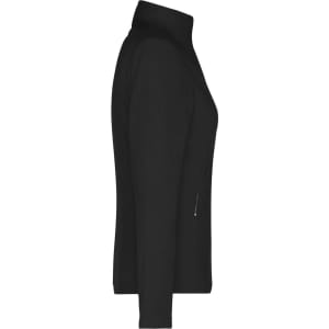 A black ladies fleece jacket with a zip pocket, featuring a high collar and a streamlined silhouette.