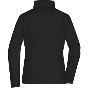 A black ladies fleece jacket with a high collar, featuring a logo on the back.