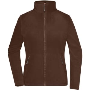 A brown polar fleece jacket with a zip front and side pockets, featuring a stand-up collar and a logo.