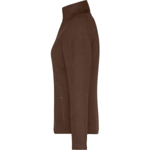A brown polar fleece jacket featuring a zip pocket and a high collar, shown from the side.