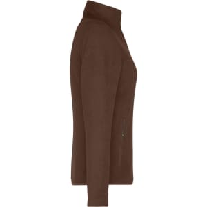 A brown ladies fleece jacket featuring a high collar and side zip pockets, with a branding logo.