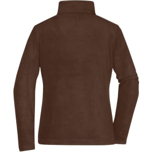 A brown fleece jacket with a high collar and long sleeves. It features a logo on the back.