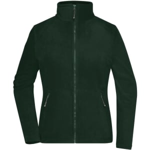 A dark green ladies fleece jacket with a zip front and two side pockets. It features a high collar and has a logo.