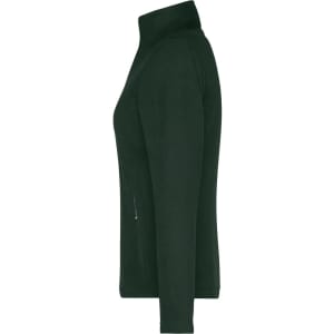 A ladies' polar fleece jacket in dark green, featuring a zip pocket and a high collar. It has a simple logo.