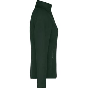 A green ladies' fleece jacket with a zippered side pocket and a high collar. It features a logo on the chest.