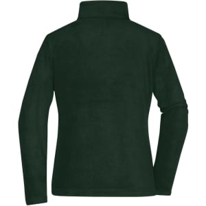 A dark green fleece jacket with a high collar, featuring a smooth texture and long sleeves, has a logo.