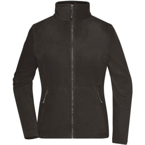 A black fleece jacket with a zip front and two zippered pockets, featuring a high collar and long sleeves.