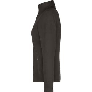 A ladies' polar fleece jacket in black, featuring a high collar and zippered pockets. Branding is present.