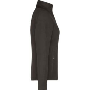 A black fleece jacket with a high collar and side pockets, featuring a logo on the front.