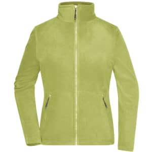 A women's fleece jacket in a vibrant lime green colour, featuring zippered pockets and a high collar.