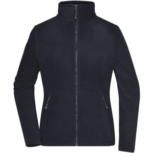A ladies' polar fleece jacket in black featuring a full zip and two side pockets. It has a branding logo.