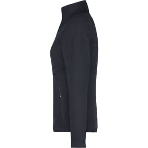 A polar fleece jacket in black, featuring a high collar and a zippered pocket on the side. It has a branding logo.
