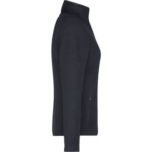 A ladies' fleece jacket in navy blue, featuring a zippered pocket and a high collar. It has a logo on the sleeve.