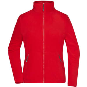 A red polar fleece jacket with a high collar and zippered pockets, featuring a logo on the design.