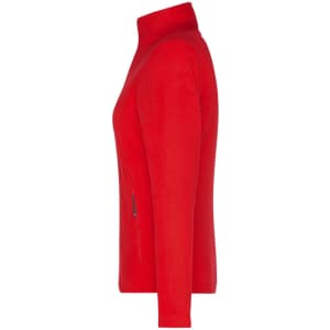 A red ladies fleece jacket with a high collar and zippered pocket on the side. The jacket features a logo.