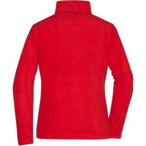 A red fleece jacket with a high collar and long sleeves, featuring a logos on the back.