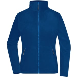 A blue fleece jacket with a zip front and side pockets, featuring a logo on the chest.