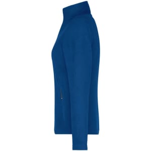 A side view of a blue ladies fleece jacket with a zip and a fold-down collar. It features a logo on the front.