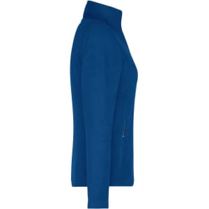 A blue fleece jacket featuring a high collar and a zippered pocket on the side, with a logo present.