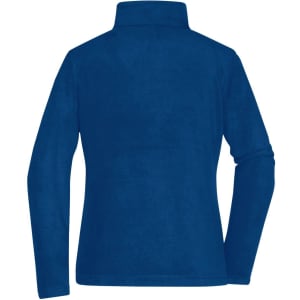 A polar fleece jacket in a deep blue colour, featuring a high collar and long sleeves. It has a branding logo.