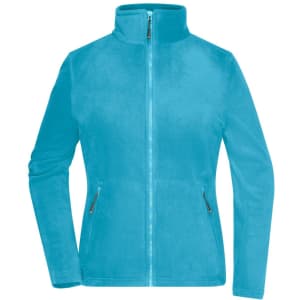 A blue fleece jacket with a high collar and zip front, featuring side pockets and a logo.