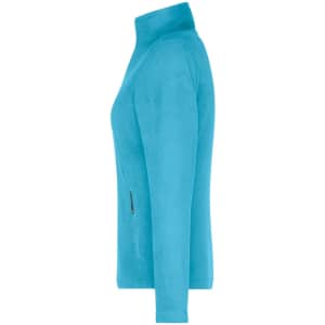 A ladies' polar fleece jacket in bright turquoise, featuring a zippered pocket and a high collar.