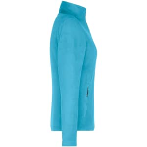 A ladies polar fleece jacket in a vibrant turquoise colour, featuring a zippered pocket and a high collar.