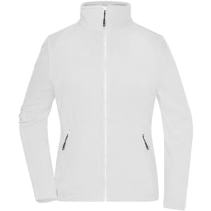 A white polar fleece jacket with a high collar and two zippered pockets. It features a logo on the left side.
