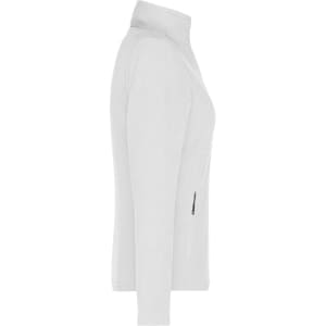 A white polar fleece jacket with a high collar and a zip pocket on the side. It has a sleek, fitted design.