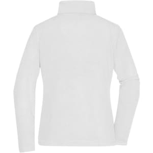 A white polar fleece jacket with a high collar and long sleeves, featuring a logo on the back.