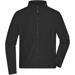 A black men's fleece jacket with a zip front and two side pockets, featuring a logo on the chest.