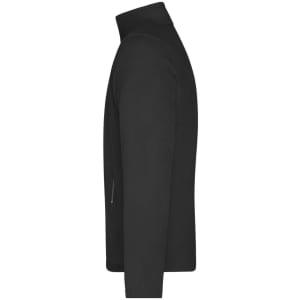 A black men's fleece jacket with a zippered pocket, featuring a high collar and a simple design.