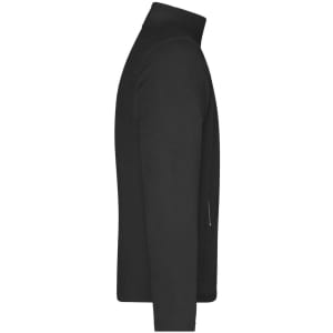 A black men's fleece jacket featuring a high collar and a zippered pocket on the side, with a subtle logo.