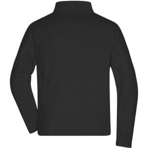 A black men's fleece jacket with a collar, featuring long sleeves and a simple design. It includes a logo on the back.