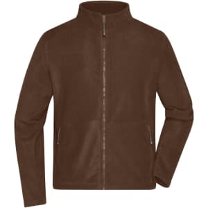 A men's polar fleece jacket in a rich brown colour with a zip front and side pockets, featuring a logo.
