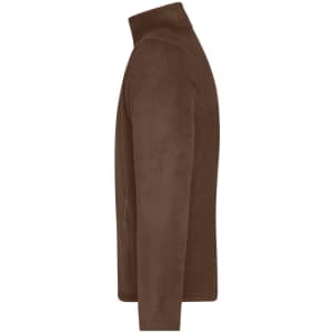 A brown polar fleece jacket with a high collar and a side zip pocket. It features a logo on the fabric.