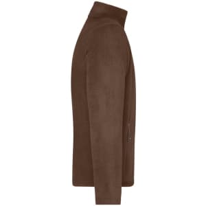 A brown men's fleece jacket with a zippered pocket, featuring a stand-up collar and a smooth texture.