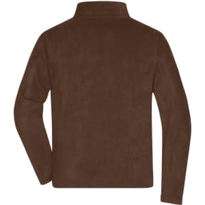 A brown men's fleece jacket with long sleeves and a high collar, featuring a logo.