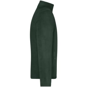 A green polar fleece men's jacket displayed from the side, featuring a high collar and a zip pocket.