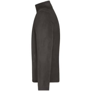 A men's fleece jacket in dark grey, featuring a high collar and a zip pocket, with a subtle logo.