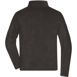 A men's fleece jacket in black, featuring a high collar and long sleeves, with a logo on the back.