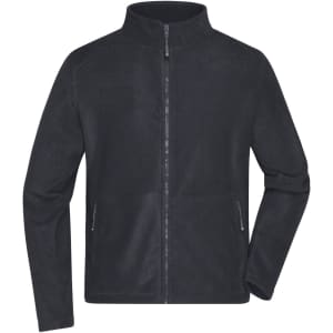 A men's polar fleece jacket in black with a full zip and side pockets. It features a collar and has a logo.